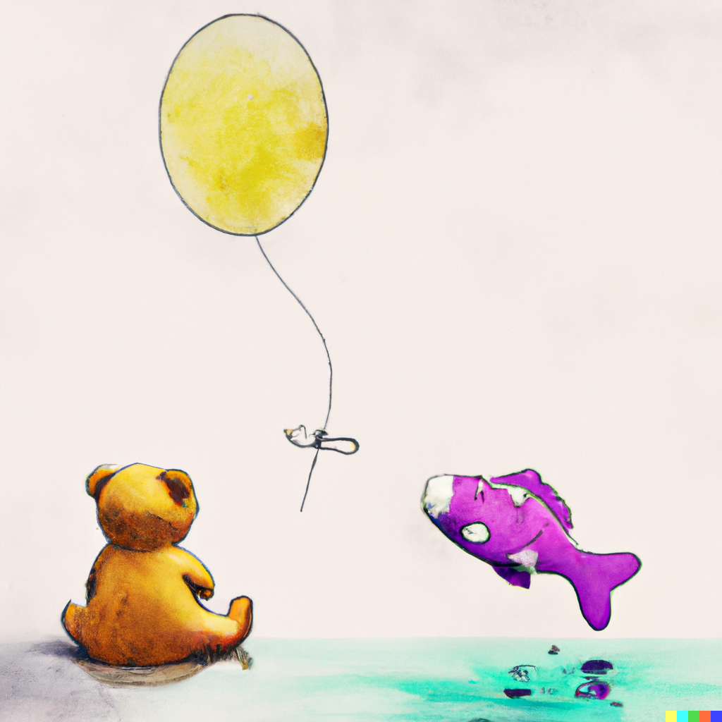 ein gemalter Teddy sitzt und schaut in die Weite, ein gelber Luftballon und ein Lila Fisch - alles Bilder aus dem Kinderbuch Klassiker Teddys Traumreisen von Björn Nonhoff