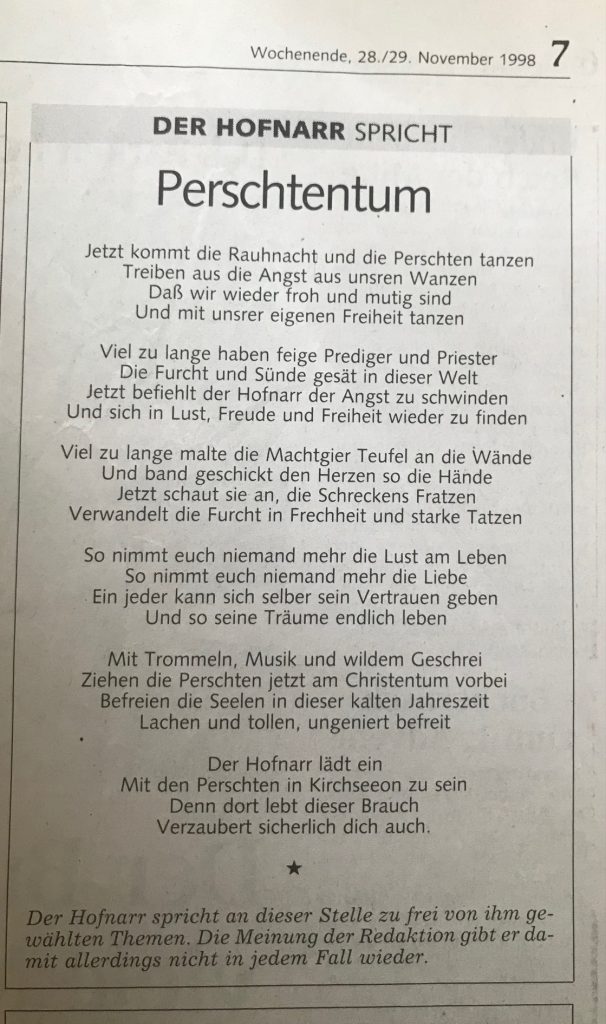 Zeitungsartikel mit einem Gedicht von Björn Nonhoff, der Hofnarr spricht
